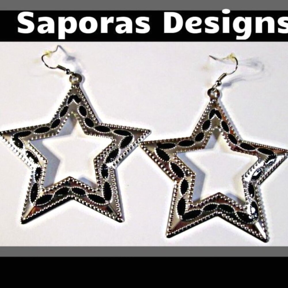 Silver Tone & Black Star Design Dangle Earrings